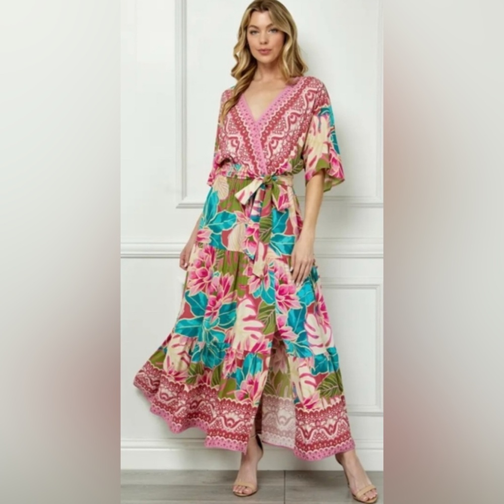 Fig & Flower Tiered Multicolor Floral Faux Wrap Maxi Dress Sz Med Feminine Artsy